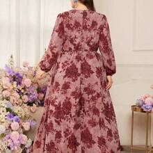 Vestido midi acampanado de manga larga de gasa con estampado floral romántico, corte regular, talla grande, tela de otoño primavera/verano para mujer - Multicolor - Ver 9