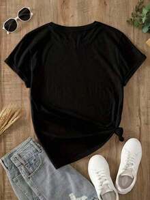 New Arrival 2026: Women's Short-Sleeved Crew Neck T-Shirt. Made From 100% Pure Cotton With A Relaxed Fit. Casual And Versatile Design With Prints, A Wardrobe Essential. Perfect For Everyday Wear, Casual Dates, And Streetwear. - 黑色 - 查看 2