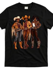 Camiseta de vaquera afroamericana negra estilo western country Texas rodeo_Baa5392992-At_Black_Product_Image. Mismo estilo para hombre y mujer. Camiseta estampada de manga corta para el verano 2025. 220G puro. - Negro - Ver 10