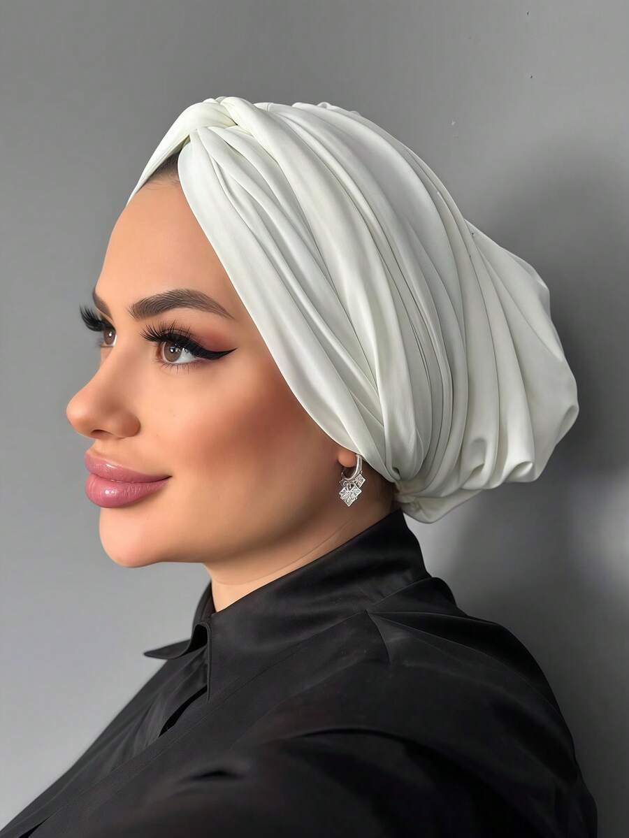 1pc Women's Classic Solid Color Chemo Turban, High Elasticity Pleated Design, Non-Slip Breathable Fabric, Multilayer Pleated Headwrap For Hijab, Soft Comfortable Modal Knit Material, Suitable For Daily Wear - White - View 1
