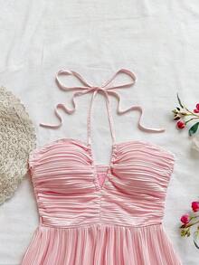 Vestido rosa sólido sin mangas con cuello halter de moda y lindo, vestido bohemio para mujer - Rosa - Ver 3