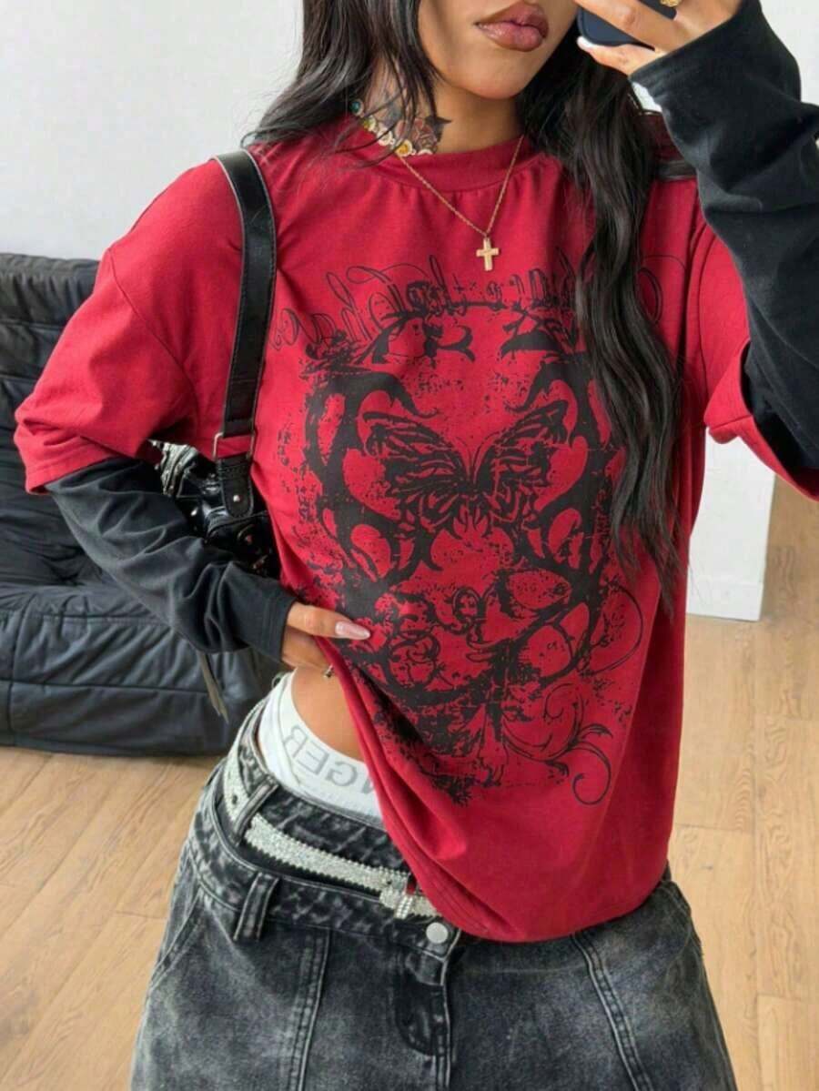 Women's 100% Cotton T-Shirt With Retro Graphic Print "Butterfly Grunge" Y2K Gothic Style Short Sleeve Casual - Soft To The Touch And High Quality - 紅色 - 查看 1