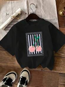 Camisa de manga corta para mujer con estampado de cerezas, de fibra de poliéster, cuello redondo, adecuada para todas las estaciones, patrón geométrico, 180 gramos por metro cuadrado, ecológ - Negro - Ver 7