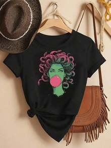 One Plus-Size Women's Casual T-Shirt With A Vintage Bubblegum Jellyfish Print, Ideal For Spring/Summer/Autumn. Short-Sleeved T-Shirt With A Crew Neck, Comfortable And Suitable For Everyday Wear, Vacations, And Outdoor Activities. 180g 100% Cotton. - 黑色 - 查看 1