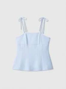 Top camisero con lazo decorativo, unicolor de estilo minimalista y de moda, adecuado para el verano - Azul - Ver 7