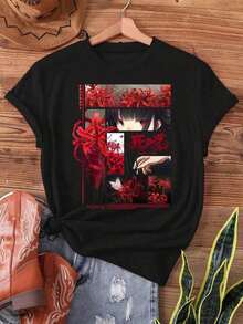 Under The Radar [Anime Print T-Shirt] Women's Black Anime Inspired T-Shirt With Red Lily And Japanese Spider Lily Design - Casual Crew Neck, Short Sleeve For Spring And Summer | Soft Textured Fabric, Anime Print T-Shirt - Vintage Street Style, Unisex, Cotton, Short Sleeve, Crew Neck. - 黑色 - 查看 1