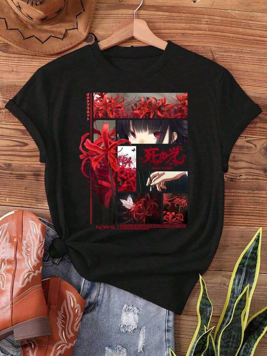 Under The Radar [Anime Print T-Shirt] Women's Black Anime Inspired T-Shirt With Red Lily And Japanese Spider Lily Design - Casual Crew Neck, Short Sleeve For Spring And Summer | Soft Textured Fabric, Anime Print T-Shirt - Vintage Street Style, Unisex, Cotton, Short Sleeve, Crew Neck. - 黑色 - 查看 1