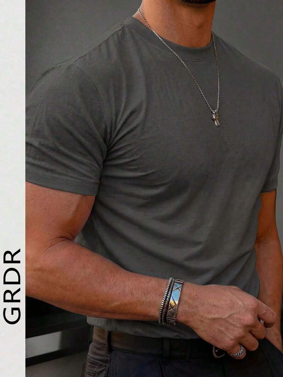 Men's Fashionable Solid Color Basic Short Sleeve Casual T-Shirt GRDR - Dark Grey - View 1