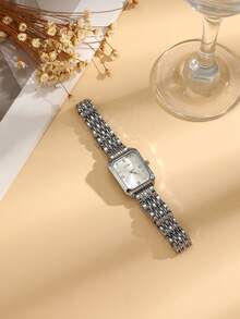 1pc Vintage Silver Square Dial Girl's Watch, Minimalist Steel Band Quartz Wristwatch, / Year-End Promotion / Birthday Gift / Holiday Gift - Silver - View 5