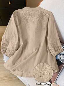 Blusa ligera y semitransparente con cuello en V y bordado sin estructura, para primavera/verano y vacaciones - Caqui - Ver 5