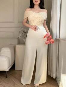 Mono elegante de mujer con parches de lentejuelas y hombros descubiertos, de pierna ancha, para verano - Beis - Ver 7