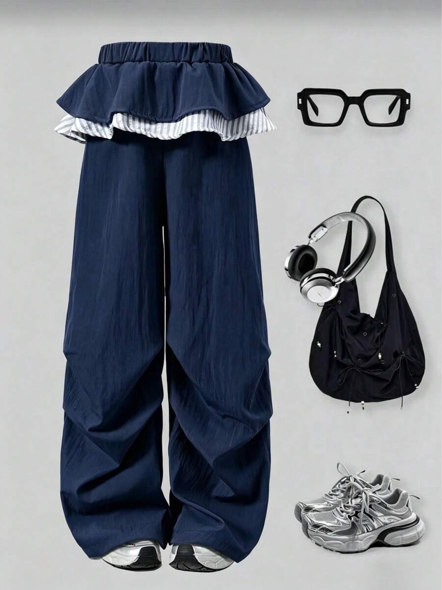 Tween Girls' Casual Striped Ruffle Trim Pants - Royal Blue - View 1