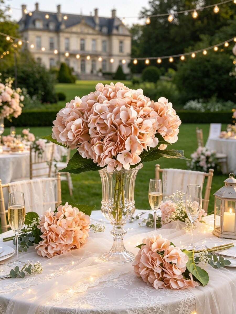 1 pièce Têtes de fleurs d'hortensia artificielles au toucher réel avec tiges, hortensia blanc et bleu clair artificiels pour la décoration florale de la maison, de la cuisine et du mariage. Fleurs en boule en plastique, sans électricité ni pile nécessaire. Parfait pour la Saint-Valentin et la décoration saisonnière - Champagne - Voir 1