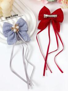 8 pièces Clips à cheveux avec nœud en tissu texturé multicolore aléatoire, perle et strass. Accessoires de cheveux de style coréen mignons pour le port quotidien et les fêtes - Multicolore - Voir 4