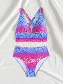 wohenmeili 女款波點印花掛脖坦基尼泳裝套裝，波希米亞風露背前繫帶抹胸坦基尼泳衣，夏季度假海灘適用 - 粉紅藍 - 查看 8