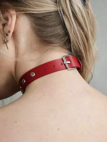 1pc Gothic Style Red Collar Necklace With Silver Buckle, Sexy Accessory Suitable For Daily Wear And Parties - Red - View 4