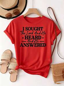 Printed With The Text Pattern "I Sought The Lord, And He Heard And Answered Me". Women's Casual Everyday Crew Neck Short-Sleeve Fashionable Sports T-Shirt With Printed Pattern, Comfortable To Wear; Women's Red Short-Sleeve T-Shirt - 紅色 - 查看 9