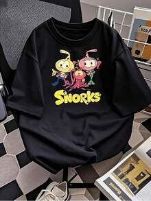 Cute Blouses Women's Casual Summer T-Shirt With Classic Anime Print, Round Neck, Short Sleeve, 100% Cotton, 220g Thick Cotton 100% Cotton Blouses For Women Casual - 黑色 - 查看 3