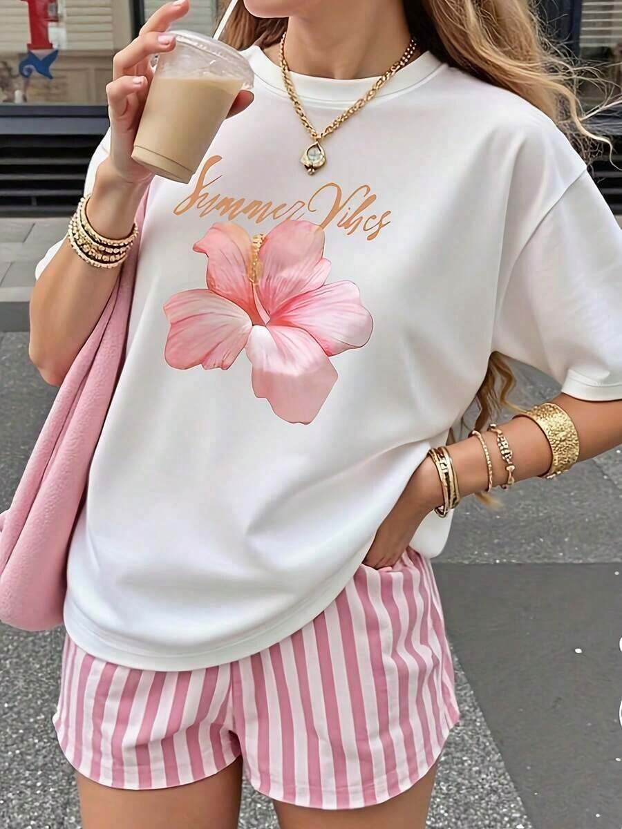 Beautiful Blouses A New Product Has Been Launched: A Comfortable And Practical Women's T-Shirt With A Round Neck And Short Sleeves, Featuring A Pink Floral Print Design, Available At An Affordable Price For Spring And Summer. 100% Cotton Casual Blouses For Women - 白色的 - 查看 1