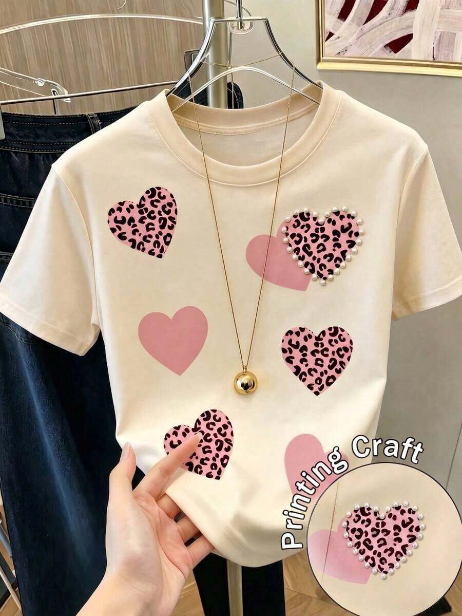 Camiseta con estampado de camisa casual para mujer, manga corta y cuello redondo, moda urbana local de primavera/verano. - Albaricoque - Ver 1