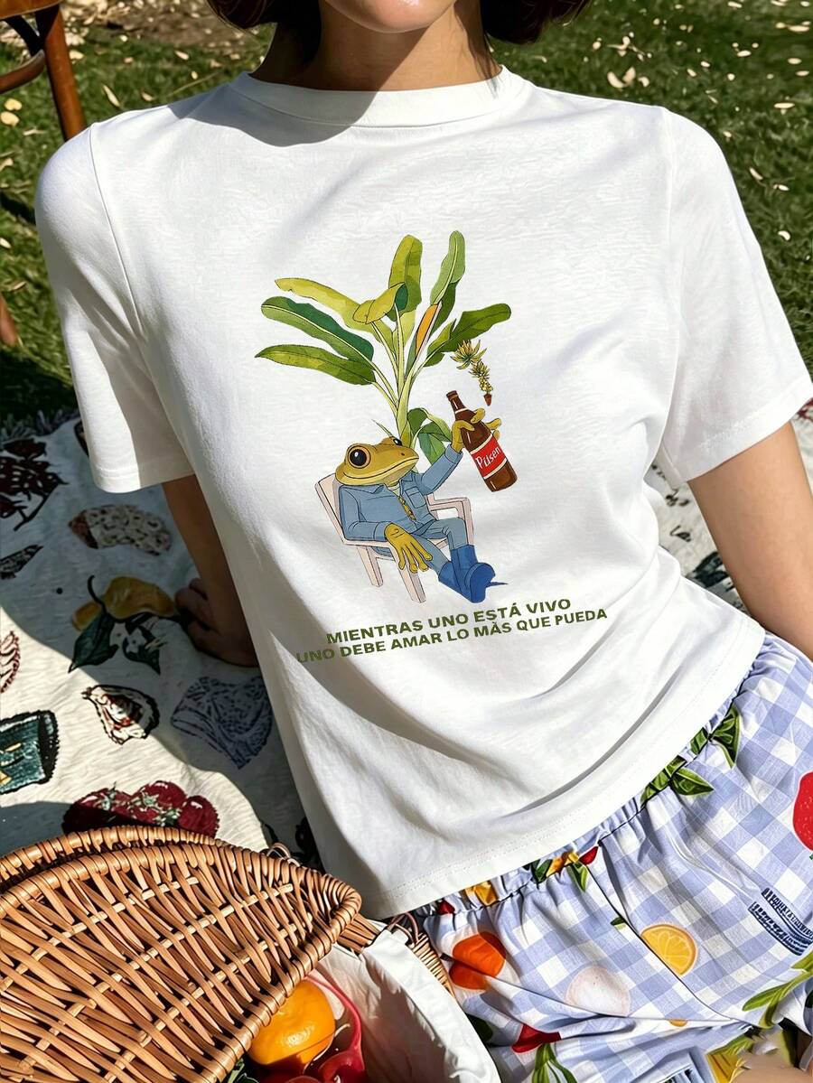街頭風夏季圓領白色短袖T卹，純棉舒適透氣，鬆弛青蛙圖案上衣，Y2K時尚休閒日常百搭 - 白色3 - 查看 1