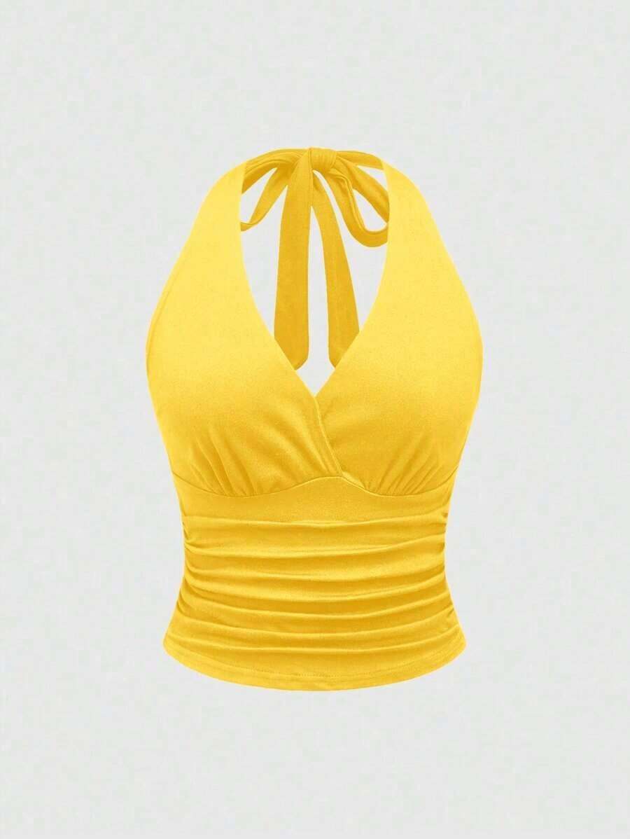 Punk Parte superior con estampado de leopardo y cuello de halter para mujer, escuela - Amarillo - Ver 1