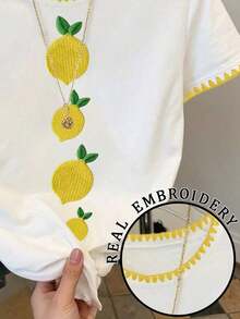 Camiseta de manga corta casual de mujer con bordado de limón, para verano - Blanco 2 - Ver 4