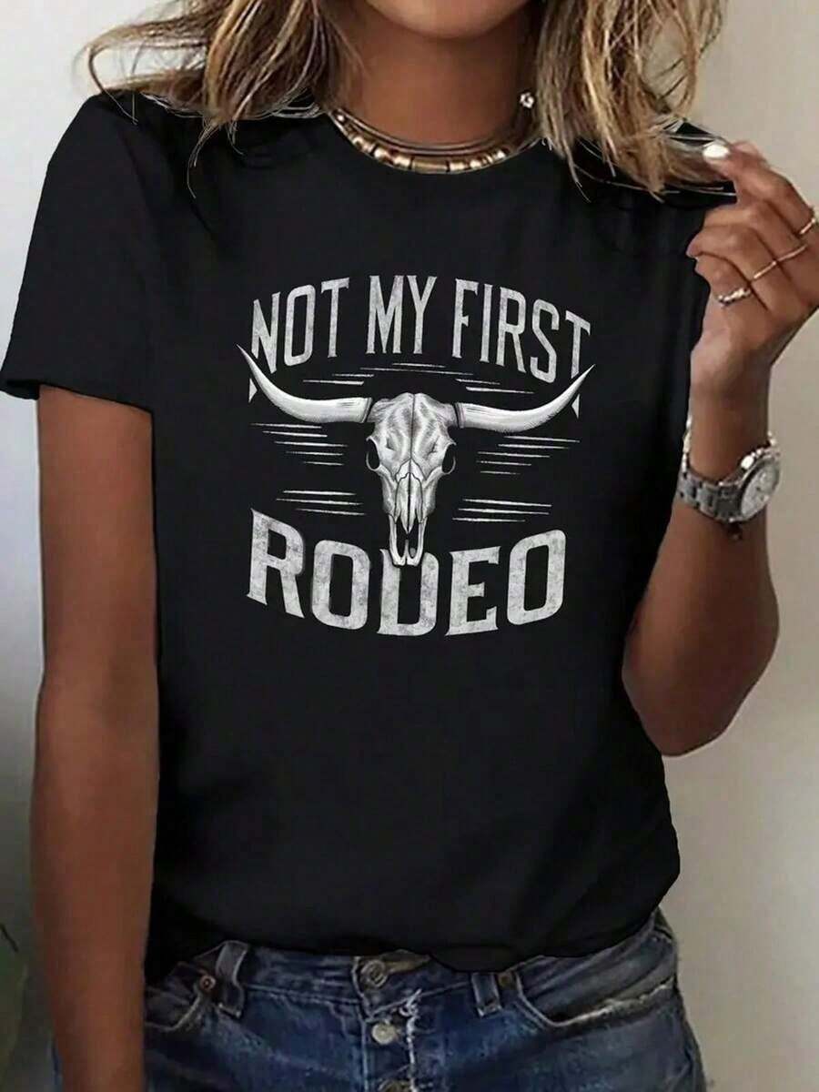 Women's Clothing Women's Clothing Soft Graphic T-Shirt For Women - Skull Print Inspired By Western Cowboy Style With The Phrase 'Not My First Rodeo' - Lightweight Casual Top For Parties And Ranch - Cozy Choice For All Year Round, Opaque Fabric Women's Shirts Women's Shirts - 黑色 - 查看 1