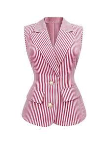 Blazer delgado y versátil de mujer con solapa, botones frontales y sin mangas a rayas - Rojo - Ver 4