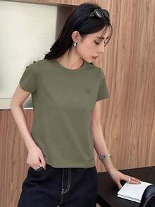 Y2K Style, Fashionable Style, Newest 2026 Style, Cute Style, Casual Style. Women's Short-Sleeved T-Shirt With Embroidered Heart And Letter Design For Valentine's Day, Casual And Work Style. 180g (S-XXXL) - 深綠色 - 查看 3