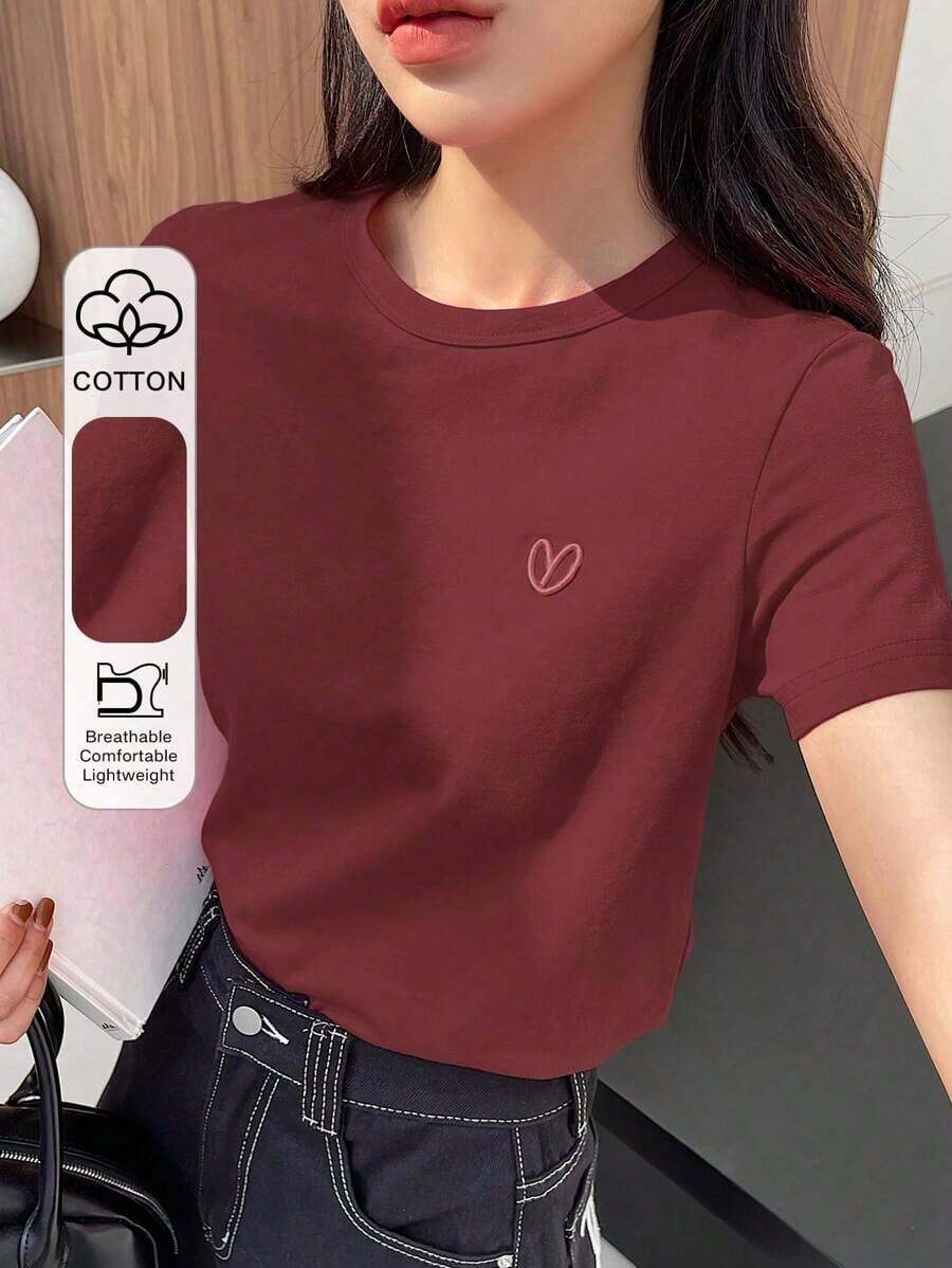 Y2K Style, Modern Style, The Newest Of 2026, Cute Style, Casual Style. Women's Loose-Fitting Casual Summer T-Shirt With Embroidered Heart And Letter Pattern, Red, 180g (S-XXXL) - 紅玫瑰 - 查看 1