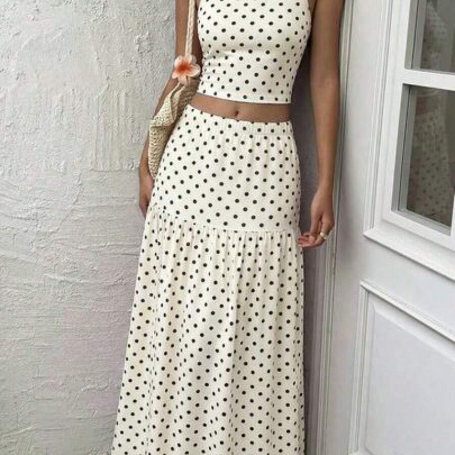 MOD Women's Polka Dot Camisole Top And Skirt Set, Fashionable For Vacation And Party, Collegiate, Casual, Elegant, Outfit For Women , Women's Summer Outfits,Party Sets For Women,Elegant Set Women, Polka Dot Set,White&Black Set,Elegant Women's Sets, Two Pieces Dress, Vacation Outfits Woman 2 Pieces, Cream Two Pieces Set - Blanco y Negro - Ver 1