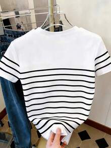 Camiseta casual de mujer de manga corta con cuello redondo, estampado de bloques de color y rayas en forma de corazón, estilo fresco de verano - Multicolor 3 - Ver 2