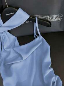 Blusa de tirantes asimétrica plisada en la cintura de unicolor, elegante y casual, ideal para primavera/verano, paseos, vacaciones, tardes de té, San Valentín, bodas y fiestas - Celeste - Ver 5