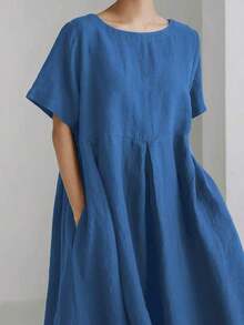Vestido de lino suelto, casual, elegante y cómodo para mujer.Vestido largo suelto de manga corta, con bolsillo, cuello redondo y unicolor.Ajuste relajado para el verano - Azul lavado medio - Ver 4