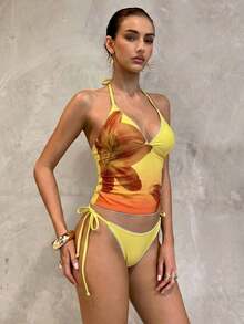 Conjunto de bikini a cuadros de cereza dulce - Amarillo - Ver 4