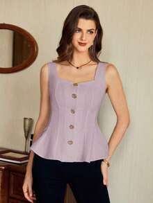 Blusa de mujer vintage, elegante y clásica, con cierre de botones metálicos con forma de flor, blusa sin mangas blanca, para primavera/verano - Púrpura malva - Ver 7