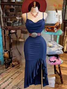 Vestido de tirantes con bajo asimétrico y abertura, unicolor (cinturón no incluido) - azul real - Ver 3