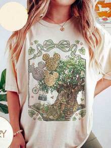 Minimalist. 100% Cotton. 1pacT Print T-Shirt, Plus Size Graphic Cotton T-Shirt, Forest Animal Kingdom Print T-Shirt, Suitable For Daily Wear, Easy To Wear In Summer, Micro-Elastic, Soft, Round Neck, Casual T-Shirt For Daily Use, Summer Round Neck Sweatshirt, Suitable For Both Men And Women, Loose Version, Holiday Gift. Y2K, Oversized Shirt. Spring Summer Top - 白色 - 查看 7