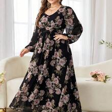 Vestido midi acampanado de manga larga de gasa con estampado floral romántico, corte regular, talla grande, tela de otoño primavera/verano para mujer - Multicolor - Ver 4