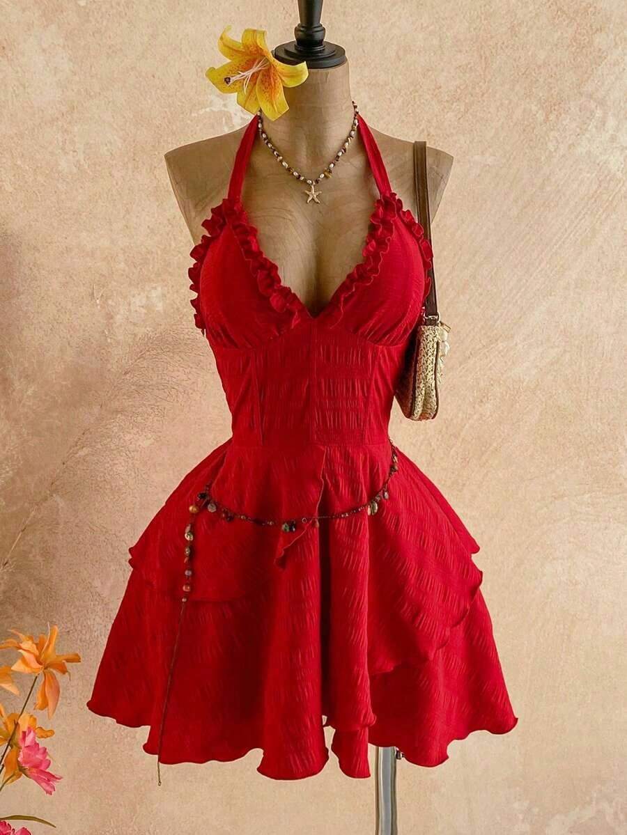 Nuevo vestido mini elegante bohemio tropical con textura, volantes y lazo en la espalda, apropiado para vacaciones, boda, graduación, San Patricio, Semana Santa, festivales de música, Día de San Valentín, Halloween, Navidad - Rojo - Ver 1