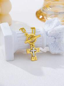 1 pezzo Collana con pendente a croce bicolore, collana a croce in metallo misto martellato da donna, collana a croce spessa, catena a fermaglio a T, collana con pendente elegante, gioiello religioso minimalista di moda da donna, regalo - Croce martellata - Visualizzare 4