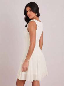 Vestido mini casual y de fiesta con pliegues y lunares para mujer - Blanco - Ver 6