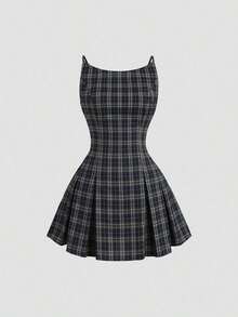 Elegante vestido mini ajustado sin mangas con estampado de cuadros - Verde Oscuro - Ver 7