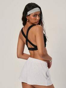 PinkTip Black Twist Contrast Color Sports Bra, Deep V Halter Design, Yoga Fitness Casual Everyday Wear, Sexy Style - Black - View 5