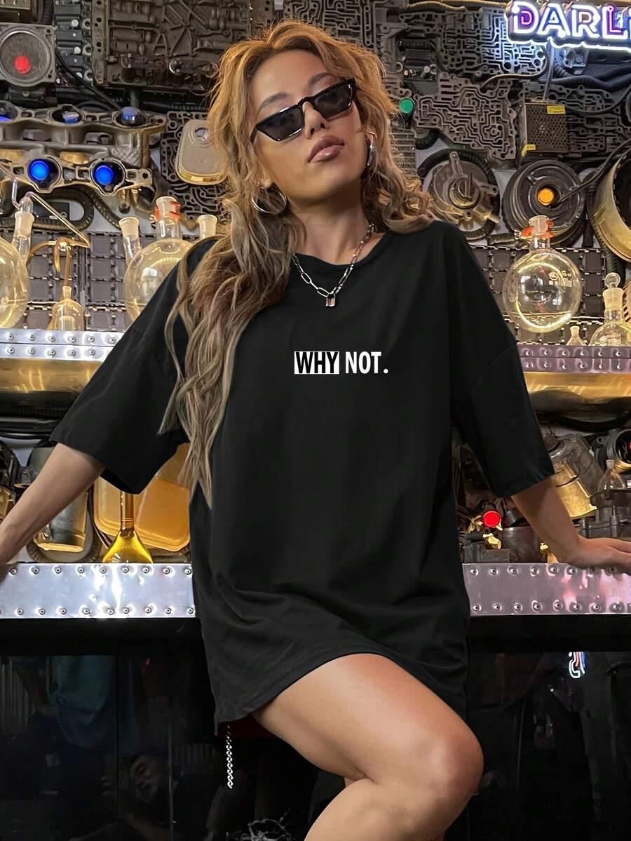 Camiseta Casual para Mujer con Estampado "Why Not" - Manga Corta, Cuello Redondo, Mezcla de Poliéster Elástico, Negra con Letras Blancas, Perfecta para Primavera y Verano, Camiseta para Uso Casual| Camiseta de Moda| Glossy Textur Y2k Camiseta Camisa De - Blanco - Ver 1
