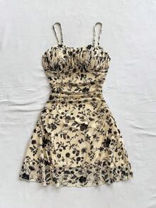 Vestido mini de línea A con tirantes de espagueti rosa y romántico Ditsy Floral para mujer, adecuado para fiesta, cita, San Valentín, Pascua, carnaval, crucero por la playa, Afternoon vestido de moda para té, primavera/verano - Amarillo claro - Ver 5