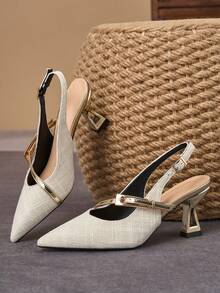 WHDXY 1 Pair Women's Pointed Toe Tweed Slide Sandals, New Summer Design With Metal Buckle Strap Backless Mary Jane Shoes, Gold 7cm Asymmetric Heel, Versatile For Commute, Daily Wear, Date, Party - Beige - View 6