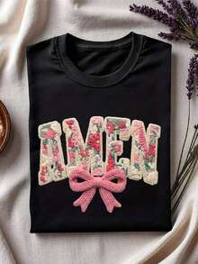 1 Piece Coquette Amen Synthetic Yarn Crochet T-Shirt, Christian Floral Knit Shirt, Retro Floral Religious Round Neck, Short Sleeve Boho Cottagecore Style. GA420180g 100% Cotton - 黑色 - 查看 6