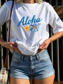 Camiseta blanca de manga corta y cuello redondo para mujer - Estampado de hibiscos estilo hawaiano con la palabra "Aloha" - Prenda versátil ideal para vacaciones Camiseta básica de algodón puro - Estampado floral tropical con "Aloha" - Camiseta casual y moderna para vacaciones - Blanco - Ver 9